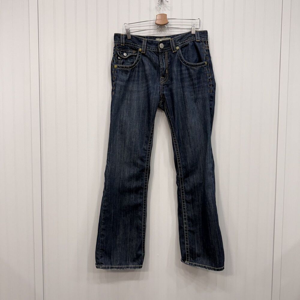 MEK Denim Mens 34x34 New York Bootcut Button Fly Stone Wash Embroidered Jeans